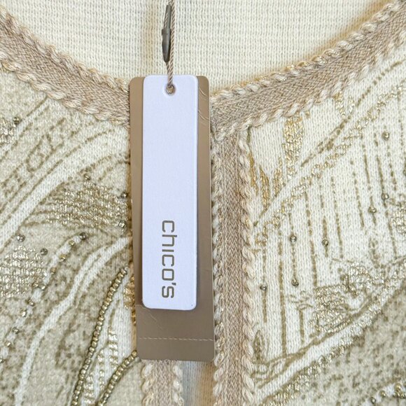Chico's Beaded Foil-Print Cardigan Women's Size 2 L/12 Gold NEW with tag - Picture 10 of 13